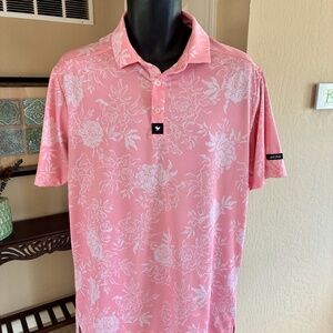 NWOT Bad Birdie Golf Polo Shirt Pink White Floral Design Hawaiian L